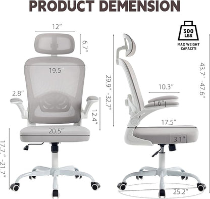 Ergonomic Office Chair with 3D Adjustable Lumbar Support, Mesh High Back, 75° Rotating Headrest, Rocking Function, 300lbs Capacity, Black/White (White)