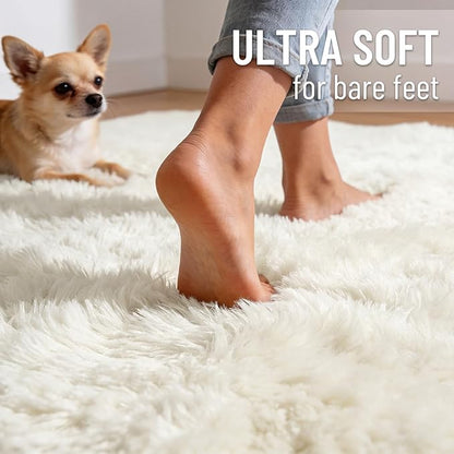 OLANLY Ivory Round Rugs for Bedroom - Machine Washable, 2 ft Circle Area Rugs for Living Room, Soft and Fluffy Shaggy Carpet for Teen Girls and Boys, Nursery Rooms, Dorms, Home Decor Aesthetic