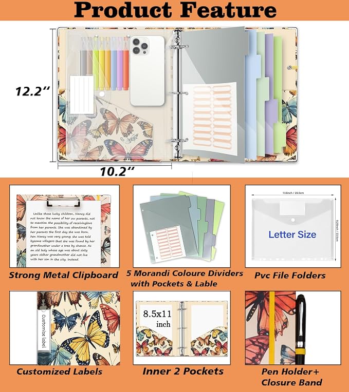 3 Ring Binder 1 Inch,BVSSX Three Ring Binders Organizer with Clipboard, 5-Tabs Pockets Dividers, Plastic Folder, 18 Divider Stikers,Pen Loop (Butterfly, Letter Size)