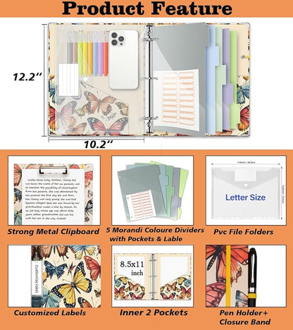 3 Ring Binder 1 Inch,BVSSX Three Ring Binders Organizer with Clipboard, 5-Tabs Pockets Dividers, Plastic Folder, 18 Divider Stikers,Pen Loop (Butterfly, Letter Size)