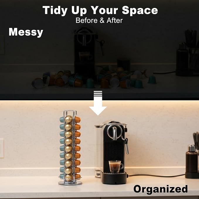 Rotating Coffee Pod Holder for Nespresso OriginalLine, 360° Swivel Coffee Capsule Carousel Storage Organizer for 40 Capsules, Compact Vertical Nespresso Capsule Stand Fits Countertop & Coffee Bar, Silver