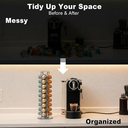 Rotating Coffee Pod Holder for Nespresso OriginalLine, 360° Swivel Coffee Capsule Carousel Storage Organizer for 40 Capsules, Compact Vertical Nespresso Capsule Stand Fits Countertop & Coffee Bar, Silver