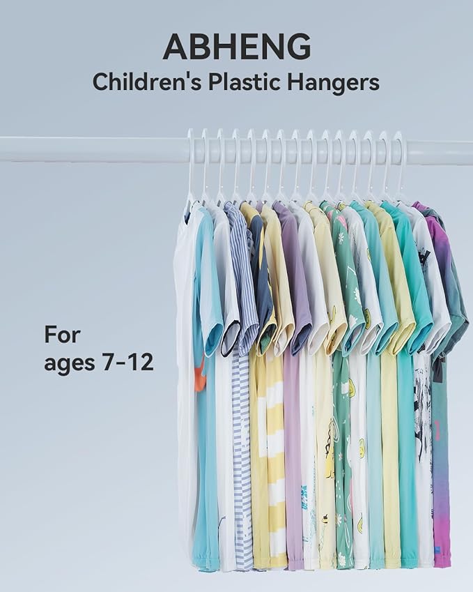 Plastic Kids Hangers, Pack of 100, Ultra Slim Closet Hangers, Non-Slip, Space-Saving, Sturdy, 14" W x 7" H (for Children Aged 7-12 Years), White, UAPY07100W