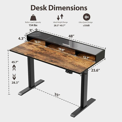 Agilestic Glass Standing Desk with Storage, 48 Inch Electric Adjustable Desk with Glass Shelf, Sit Stand Up Home Office Computer Table, Splice Board, Rustic Brown
