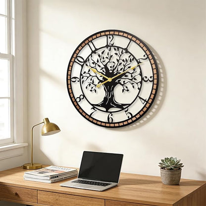 Axioglo Wall Clock,24" Large Wall Clock for Living Room Decor,Tree of Life and Wooden Frame Design,Non-Ticking Battery Operated,for Dining Room,Bedroom,Kitchen,Office Arabic Decoration