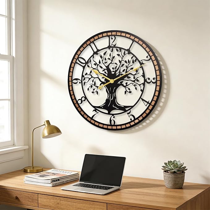 Axioglo Wall Clock,20" Large Wall Clock for Living Room Decor,Tree of Life and Wooden Frame Design,Non-Ticking Battery Operated,for Dining Room,Bedroom,Kitchen,Office Arabic Decoration