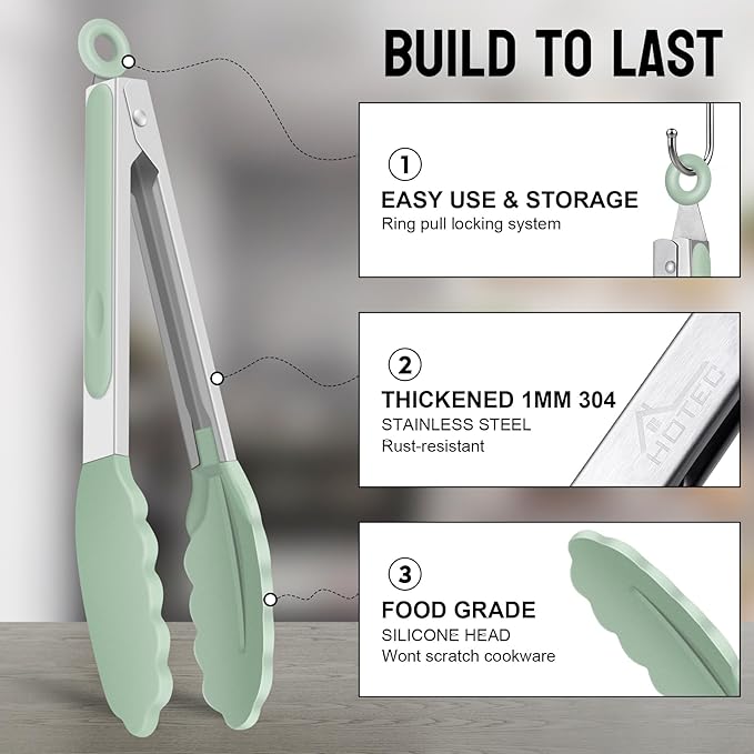 HOTEC Premium Stainless Steel Locking Kitchen Tongs with Silicon Tips, Set of 3-7", 9" and 12" (Light Green)