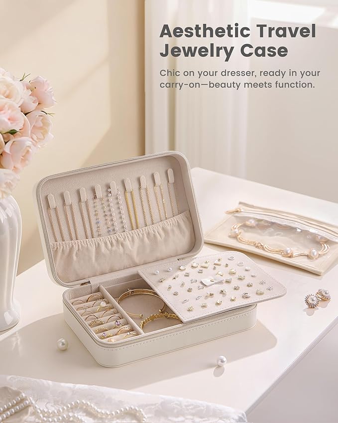 Lolalet Travel Jewelry Case for Women Girls, Travel Jewelry Organizer with Clear Storage Bag Small Portable Jewelry Box for Necklace Bracelet Earring Ring Valentines Bridesmaid Gifts -Large/Beige