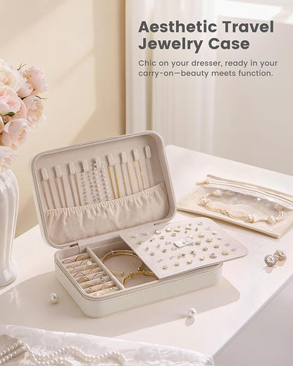 Lolalet Travel Jewelry Case for Women Girls, Travel Jewelry Organizer with Clear Storage Bag Small Portable Jewelry Box for Necklace Bracelet Earring Ring Valentines Bridesmaid Gifts -Large/Beige