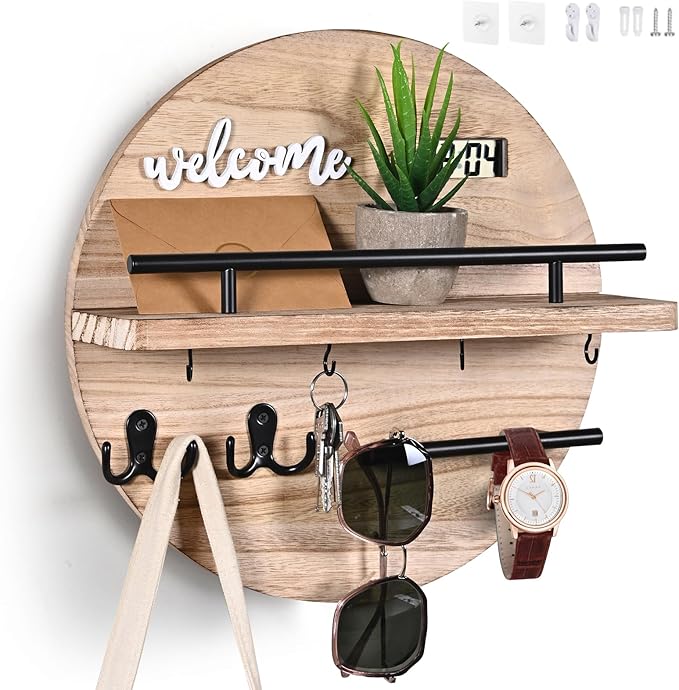 Key Holder for Wall Decorative, Key Hooks Wall Mounted with Shelf and Wooden Key Holder Round Key Hooks for Entryway Mudroom Hallway Kitchen Office (Wood)