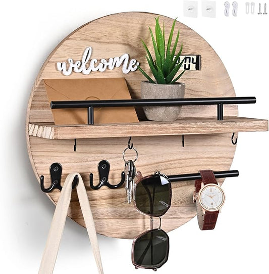 Key Holder for Wall Decorative, Key Hooks Wall Mounted with Shelf and Wooden Key Holder Round Key Hooks for Entryway Mudroom Hallway Kitchen Office (Wood)