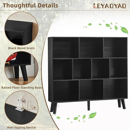 LEYAOYAO 10 Cube Bookshelf,3 Tier Modern Wide Bookcase with Legs,Mid-Century Wood Bookshelves Storage，Black Large Book Case,Freestanding Organizer Display Shelf for Bedroom,Living Room,Office