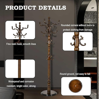 Coat Racks FreeStanding with 14 Hooks, Natural Wood Coat Rack with Solid Round Base, Adjustable Height Coat Racks, Easy Assembly for Hallway, Bedroom and Office (Antique)