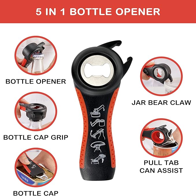 Jar Opener for Weak Hands, Seniors with Arthritis, 5 in 1 Multi Function Bottle Opener Lid Opener For Arthritic Hands with Non Slip Rubber Jar opener Gripper Pad(red)