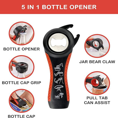 Jar Opener for Weak Hands, Seniors with Arthritis, 5 in 1 Multi Function Bottle Opener Lid Opener For Arthritic Hands with Non Slip Rubber Jar opener Gripper Pad(red)