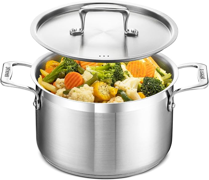 Stainless Steel Stockpot with Lid 5 Quart, Durable 18/8 Stainless Steel, Impact-Bonded Base for Even Heating, Riveted Handles, Oven & All Stove Compatible, Safe Up To 500°F (260°C)