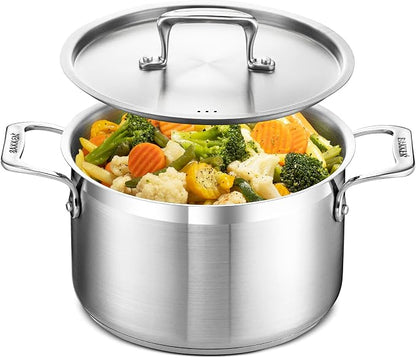 Stainless Steel Stockpot with Lid 5 Quart, Durable 18/8 Stainless Steel, Impact-Bonded Base for Even Heating, Riveted Handles, Oven & All Stove Compatible, Safe Up To 500°F (260°C)