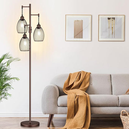 Torondo Dimmable Farmhouse Industrial Floor Lamp, Matte Brown Tree Standing Tall Lamps with 3 Elegant Teardrop Cage Head & 800 Lumens LED Edison Bulbs for Living Room Bedroom Office Dining Room