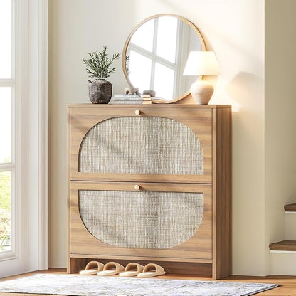 Nicetree Rattan Arched Accent Shoe Storage Cabinet - Freestanding Ultra Slim for Entryway, 2 Flip Drawers & 3-Tier Adjustable Shelves, Farmhouse Modern Rustic Shoe Rack for Hallway, Foyer, Living Room