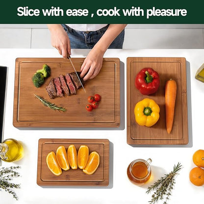 3-Piece Set Bamboo Cutting Board for Kitchen - Crack-Resistant Wood Chopping Boards with Deep Juice Grooves, Pre-Oiled Butcher Block for Meat, Vegetables & Cheese, Carbonized