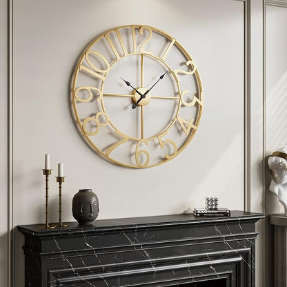 Extra Large Wall Clock 36 Inch Gold Wall Clock Battery Operated, Decorative Gold Clocks Silent Non Ticking for Living Room Kitchen Mantel Decor, Metal Round Modern Clock Arabic Numerals