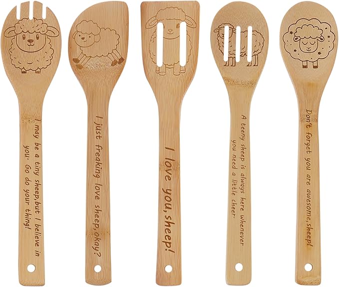 5PCS Sheep Wooden Cooking Spoons Kitchen Decor Sheep Gifts for Women Men Sheep Lovers Birthday Gifts Party Favors Housewarming Wedding Bamboo Cooking Spoons for Everyday Use