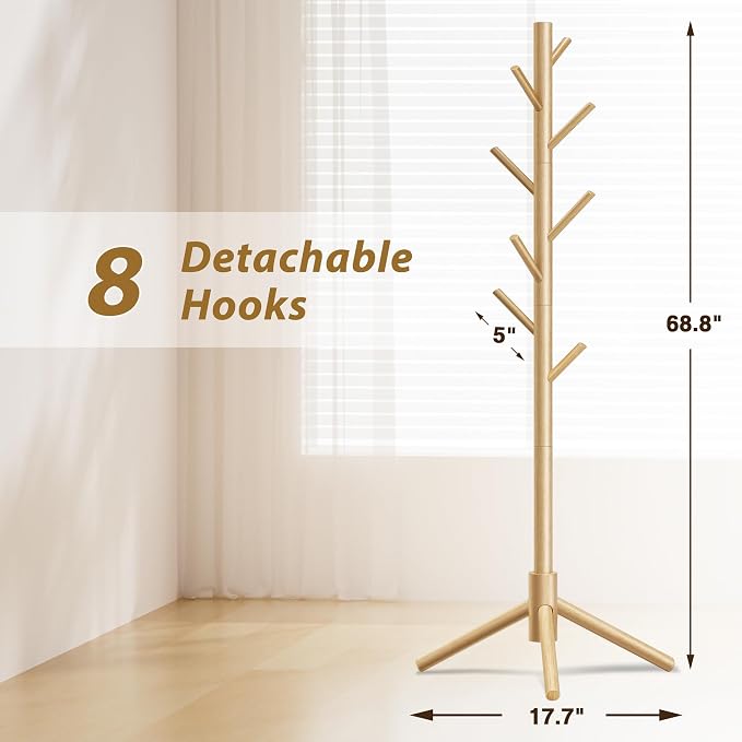 Coat Rack, Coat Racks Freestanding with 8 Hooks 3 Adjustable Heights for Clothes, Hats, Handbags, Coat Tree Easy Assembly for Entryway, Bedroom, Hallway, Office(Nature 2PCS)
