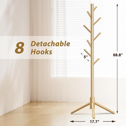 Coat Rack, Coat Racks Freestanding with 8 Hooks 3 Adjustable Heights for Clothes, Hats, Handbags, Coat Tree Easy Assembly for Entryway, Bedroom, Hallway, Office(Nature 2PCS)