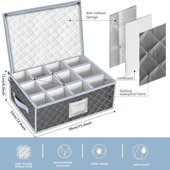 Mug and Cup Storage Box with Dividers - 2 Pack China Storage Bin Containers Holds 24 Glassware, Stackable Coffee Mug Organizer Bin and Tea Cup with 2 Metal Zipper,Label and Handles (Grey)