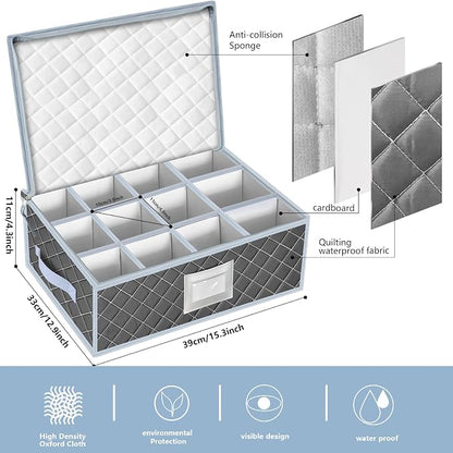Mug and Cup Storage Box with Dividers - 2 Pack China Storage Bin Containers Holds 24 Glassware, Stackable Coffee Mug Organizer Bin and Tea Cup with 2 Metal Zipper,Label and Handles (Grey)