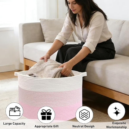90L Extra Large Blanket Basket,Woven Rope Laundry Basket Hamper with Handles, Decorative Nursery Basket Storage Bin for Toys, Clothes Organizer, Living Room, Bedroom, Bathroom, Pink