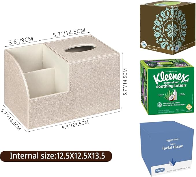 PU Leather Square Tissue Box Cover - Multi-Functional Tissue Box Holder, Tissue Box Cover with Storage,Tissue and Remote Control Holder, Cube Tissue Box Organizer Bedroom Nightstand End Table
