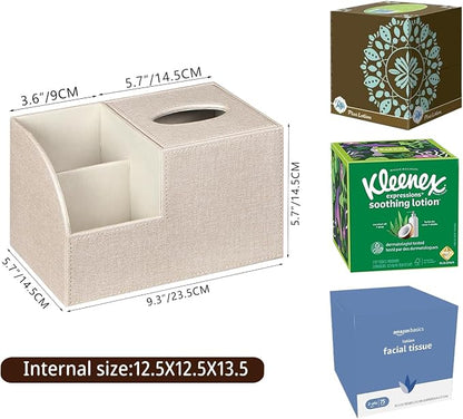 PU Leather Square Tissue Box Cover - Multi-Functional Tissue Box Holder, Tissue Box Cover with Storage,Tissue and Remote Control Holder, Cube Tissue Box Organizer Bedroom Nightstand End Table