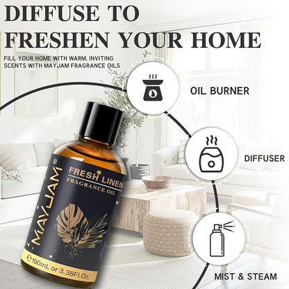 MAYJAM 100ML/3.38FL.OZ Fresh Linen Fragrance Oils with Glass Dropper, Essential Oils for Diffusers for Home, Long Lasting Scented Oils for Diffusers Soap Candle Making