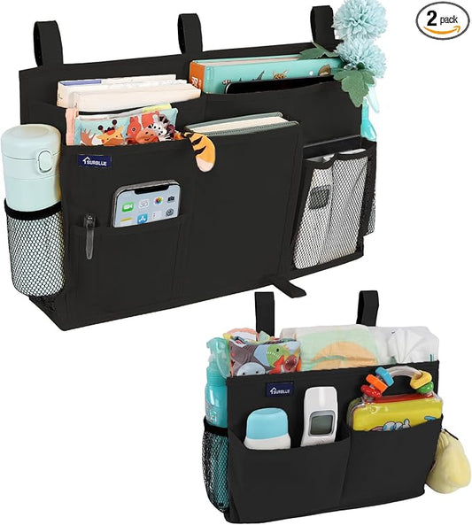 Surblue Bedside Caddy Bunk Bed Storage Organizer Hanging Pockets for College Dorm Rooms, Hospital Beds, Baby Bed Rails, Camping, RV, Small and Large Set, Black