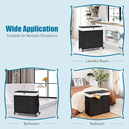 GOFLAME Laundry Hamper with Lid and Wheels, 125L Hand Woven Rattan Laundry Basket with 3 Divided Sections, Handles, 2 Removable and Washable Liner Bags, Dirty Clothes Hamper for Bedroom (Black)