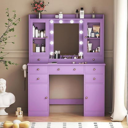 Vanity Desk with Mirror and Lights, Purple Vanity with Lighted Mirror & Power Outlet and 7 Drawers, 3 Color Modes Adjustable, Makeup Dressing Table Set with Lights for Girls Women