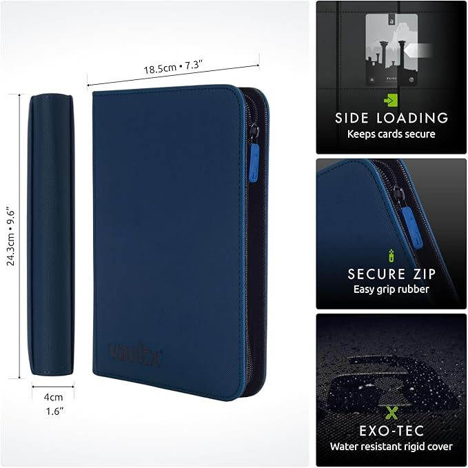 Vault X 4 Pocket Zip Binder, 160 Cards, Exo-Tec Material, 20 Side-Loading Pages (Blue)