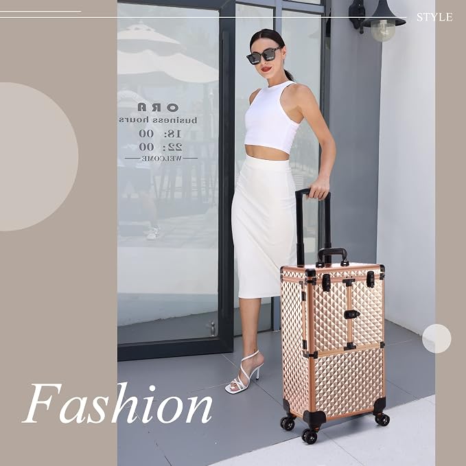 Professional Makeup Artist Rolling Train Case Multi-functional Cosmetic Train Case Large Trolley Storage Case for Nail Technicians Cosmetology Case for Hairstylist Rose Gold