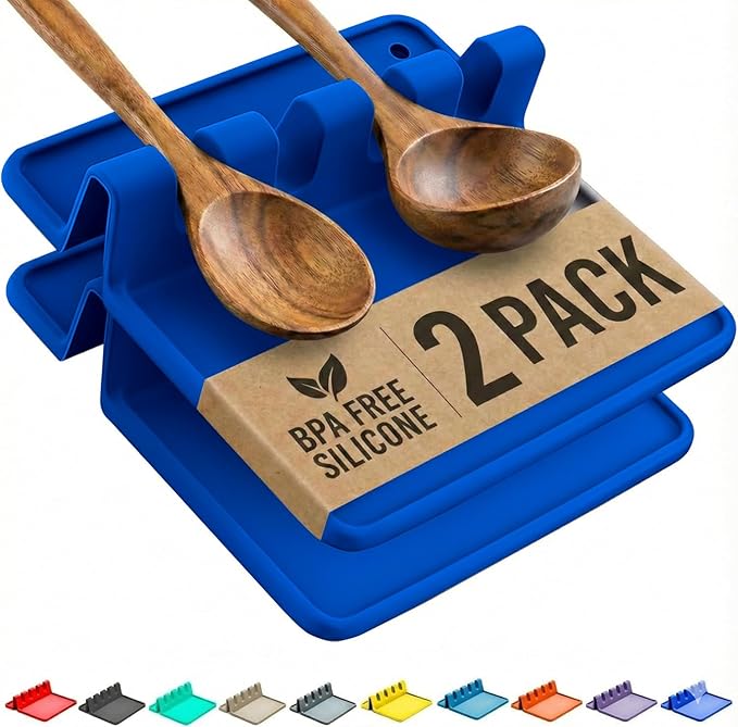 Cooler Kitchen Blue Silicone Spoon Rest for Stove Top with Drip Pad (Two Pack) - Heat Resistant BPA Free Utensil Rest & Spoon Holder for Kitchen Counter - Grill Utensil Holder - Spatula Holder