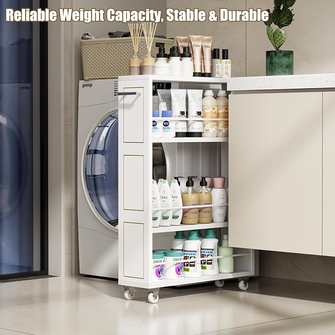KLM 4 Tier White Slim Storage Cart with Handle, Slide Out Storage Rolling Utility Cart for Kitchen, Laundry, Narrow Places-6.7" W