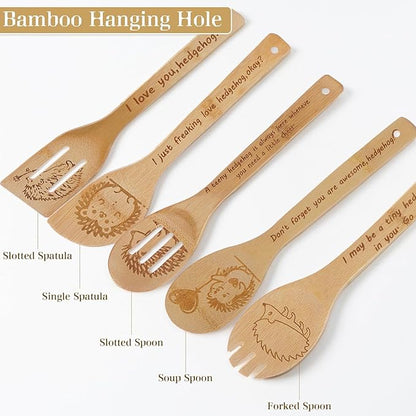 5PCS Hedgehog Wooden Cooking Spoons Kitchen Decor Hedgehog Gifts for Women Men Hedgehog Lovers Birthday Gifts Party Favors Housewarming Wedding Bamboo Cooking Spoons for Everyday Use