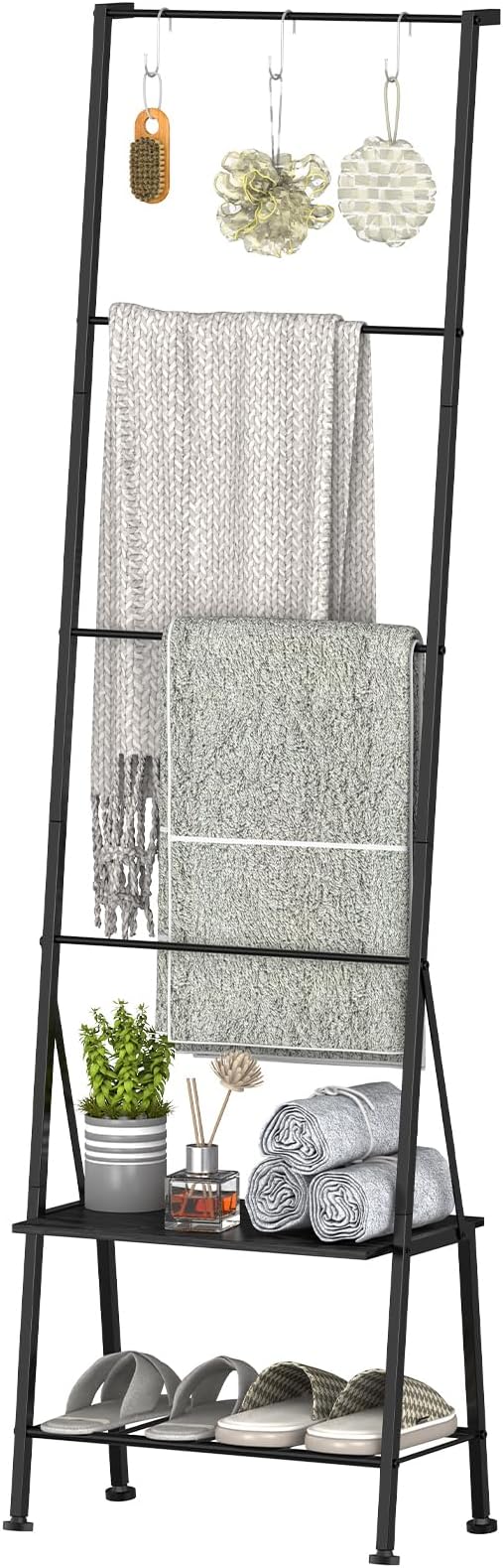 Blanket Ladder Metal Towel Ladder with Shelf Standing Towel Rack Holder for Bathroom 6 Tier Blanket Ladder for the Living Room Blanket Rack with Removable Hooks, Black