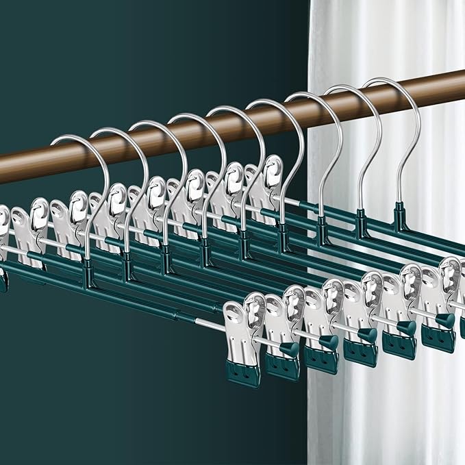 14Inch 50PACK Pants Hangers with Clips Adjustable Skirt Hangers for Women Metal Non-Slip Trousers Hanger Heavy Duty Space Saving Clothes Hanger for Shorts,Jeans,Green