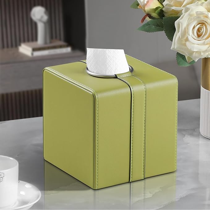 MEIBOOCH Square Tissue Box Cover, Luxury PU Leather Tissue Holder with Magnetic Closure (Green)