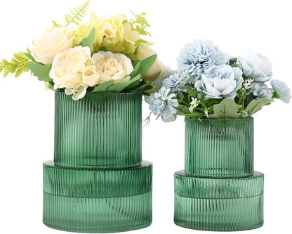 Ribbed Glass Vases for Bouquet, Set of 2 Green Vases for Flowers, Green Glass Vase for Tulips, Modern Vase for Living Room, Office, Coffe Table, Dining Table, Shelf, Wedding