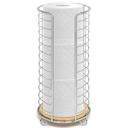 BROOKSTONE, Stylish Toilet Paper Holder with Bamboo Base, Freestanding Bathroom Tissue Organizer, Minimalistic Storage Solution, Modern Trending Design [Holds Large Rolls], Chrome…