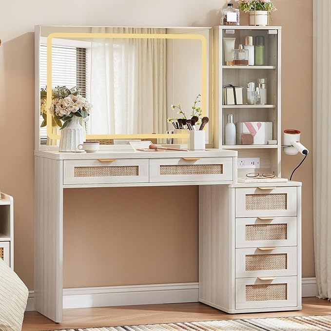 LEYAOYAO Rattan White Vanity Desk with Mirror and Lights, 43.5'' Boho Makeup Vanity with 6 Drawers and Adjustable Shelves, Make Up Vanity Dressing Table with Glass Top and Power Outlet for Bedroom