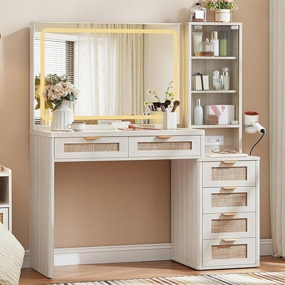 LEYAOYAO Rattan White Vanity Desk with Mirror and Lights, 43.5'' Boho Makeup Vanity with 6 Drawers and Adjustable Shelves, Make Up Vanity Dressing Table with Glass Top and Power Outlet for Bedroom