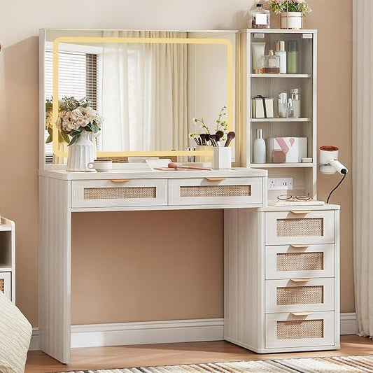 LEYAOYAO Rattan White Vanity Desk with Mirror and Lights, 43.5'' Boho Makeup Vanity with 6 Drawers and Adjustable Shelves, Make Up Vanity Dressing Table with Glass Top and Power Outlet for Bedroom